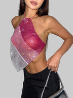 Glitter Diamond Fishnet Halter Crop Top - Sheer Backless Tank