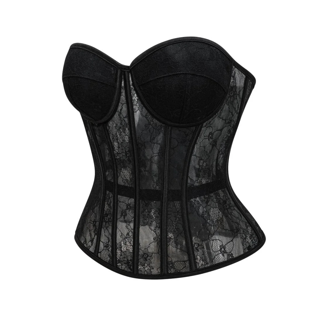 Floral Lace Corset | Boned Overbust | Black & Beige