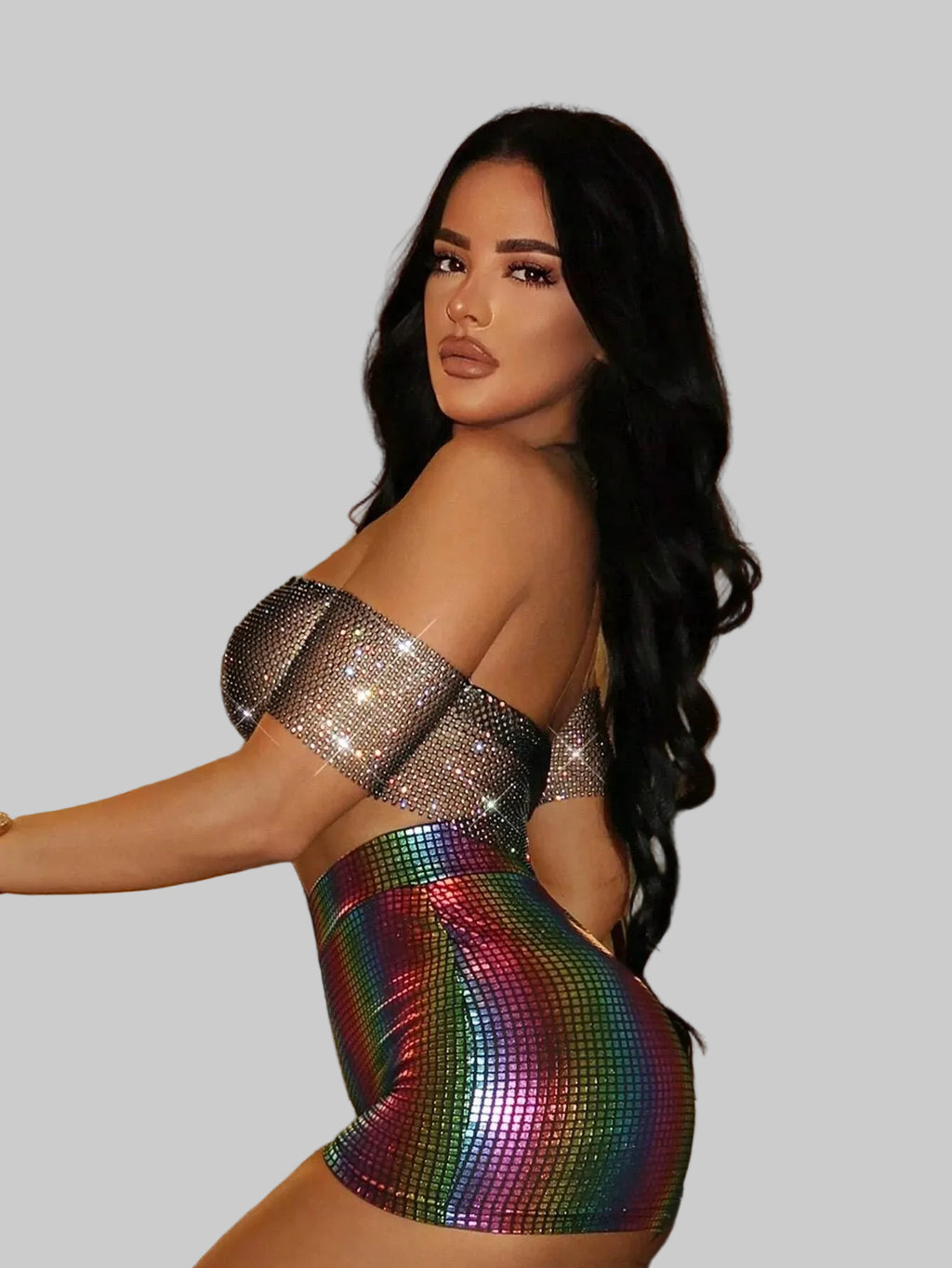 Glitter Rhinestone Halter Crop Top - Sheer Backless Tank