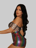 Glitter Rhinestone Halter Crop Top - Sheer Backless Tank