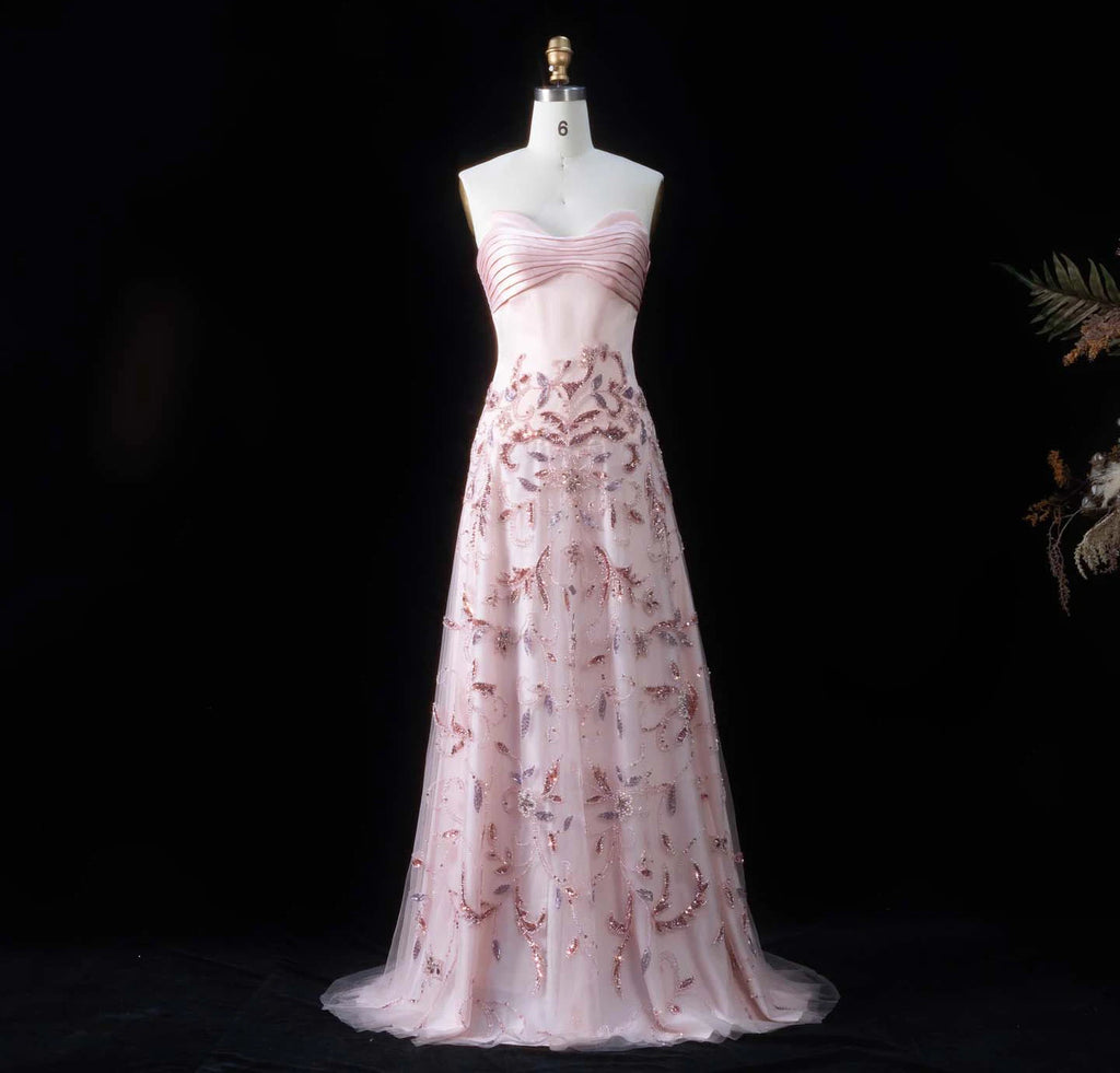 Beaded Sequin A-Line Gown | V-Neck Pleated Tulle | Blush Pink