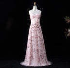 Beaded Sequin A-Line Gown | V-Neck Pleated Tulle | Blush Pink