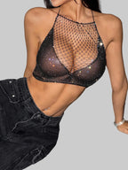 Rhinestone Fishnet Mesh Camisole - Backless Bandage Crop Top