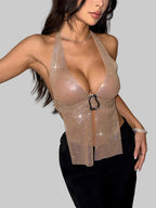 Diamond Fishnet Halter Crop Top - Deep V Backless Camisole