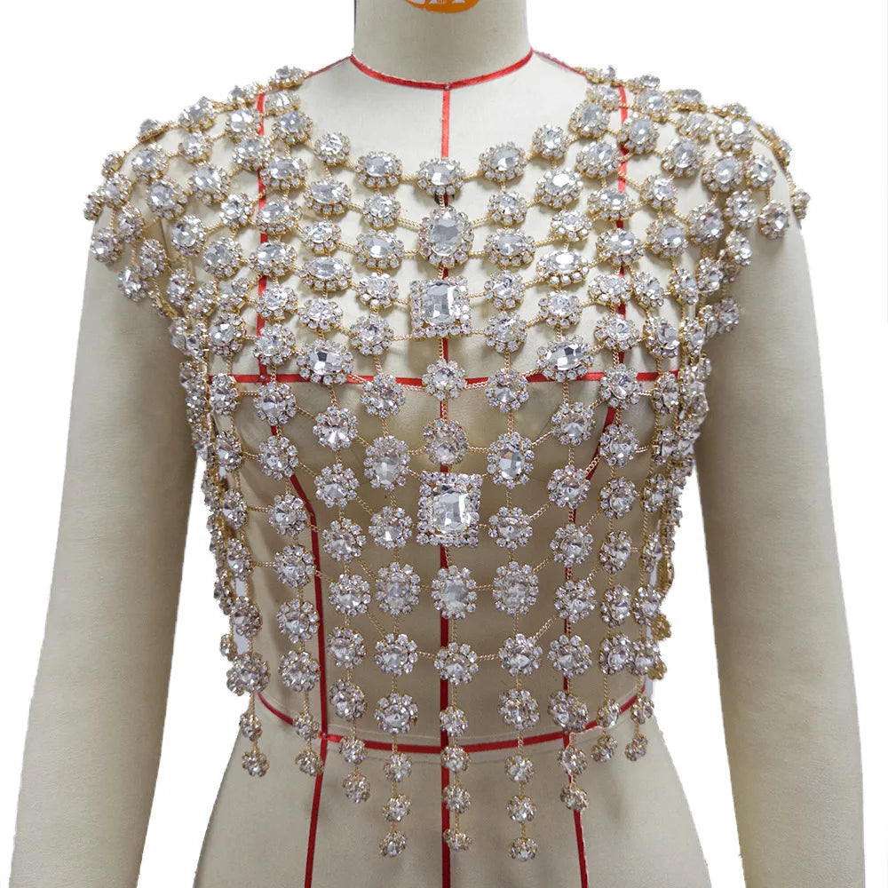 Rhinestone Pearl Embellished Body Top | Stage Jewelry Top