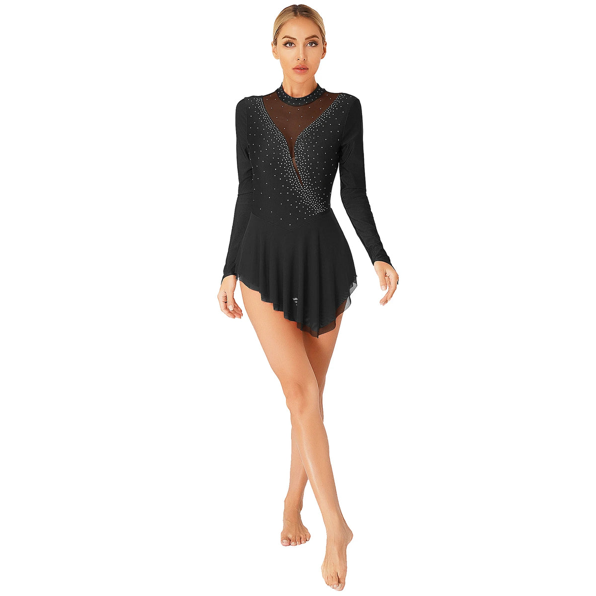 Rhinestone Skating Dress | Mesh Skirt | Long Sleeve