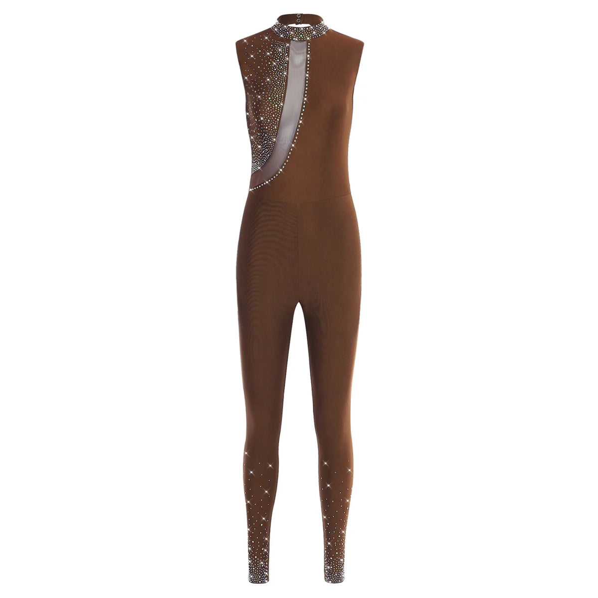Women's Rhinestone Gymnastics Unitard | Mesh Patchwork & Asymmetric Shoulder | Performance Jumpsuit