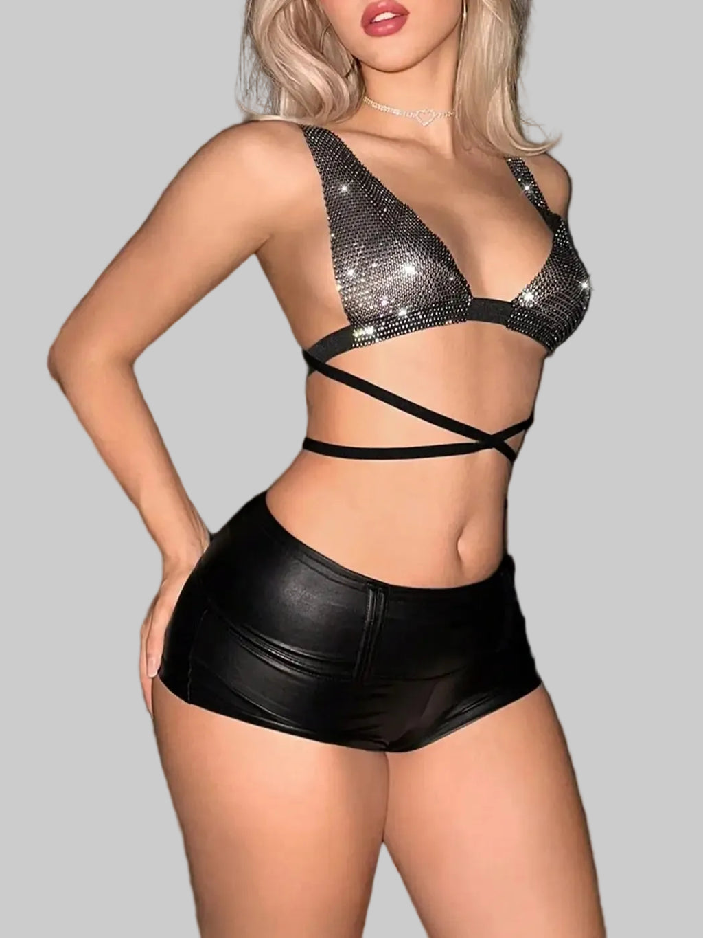 Rhinestone Mesh Bikini Crop Top - Sheer Backless Festival Tank