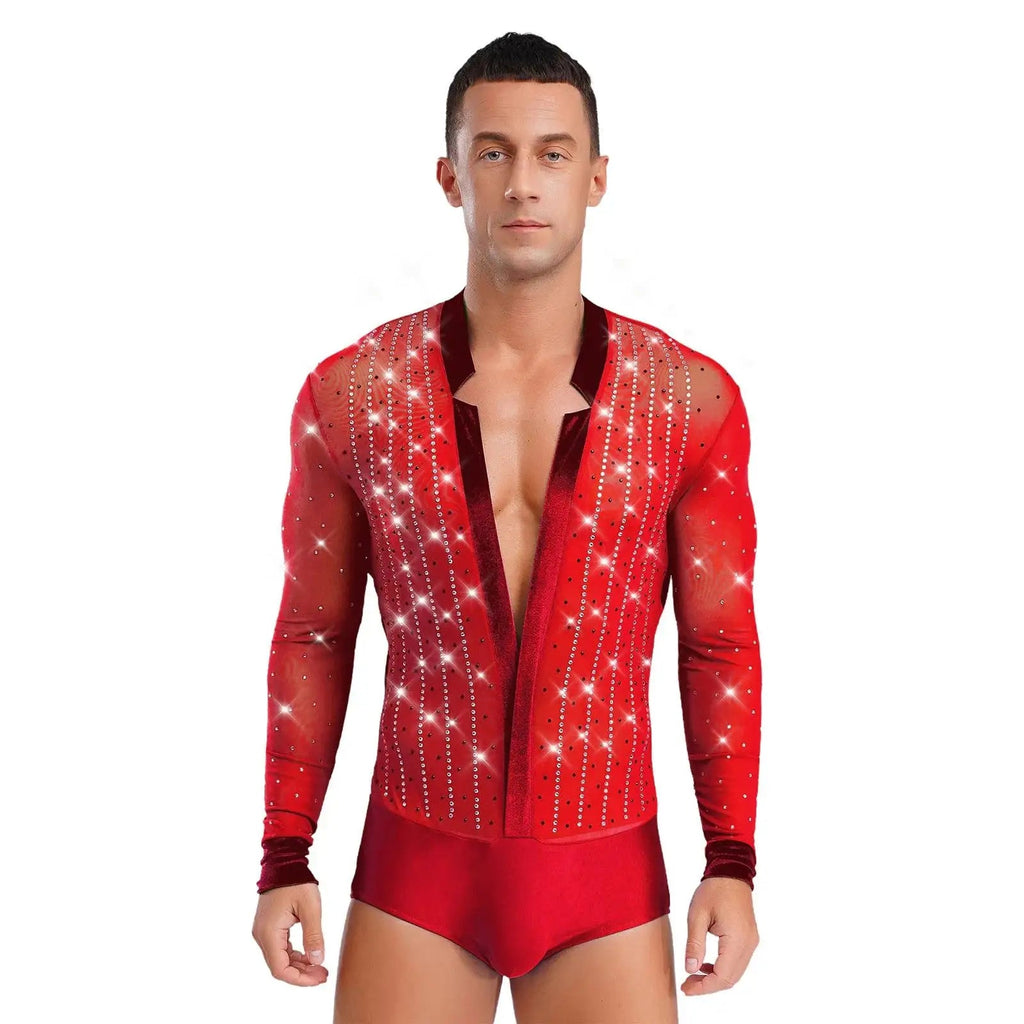 Men's Rhinestone Dance Leotard | Deep V-Neck & Velvet Mesh Patchwork | Long Sleeve
