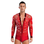 Men's Rhinestone Dance Leotard | Deep V-Neck & Velvet Mesh Patchwork | Long Sleeve