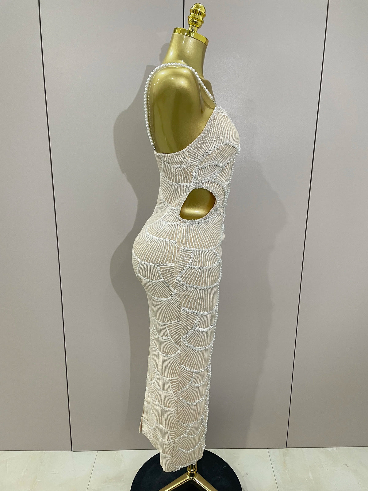 Pearl Beaded Sequin Bodycon Dress | Spaghetti Strap | Stage