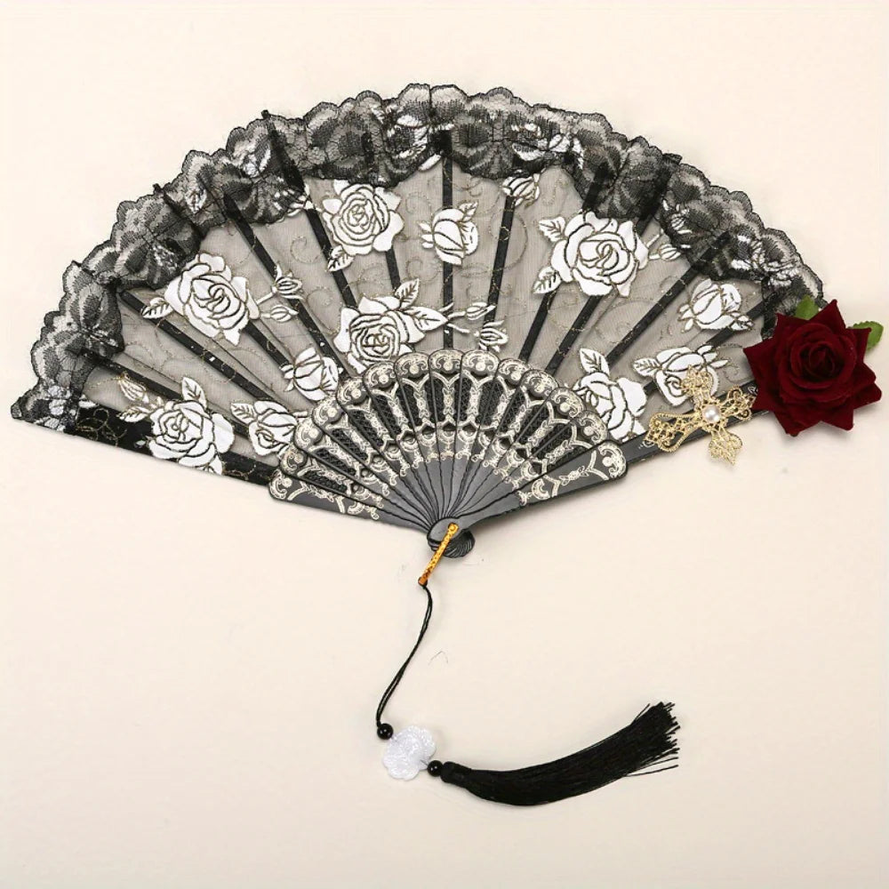 Lace Hand Fan | Black Rose Detail