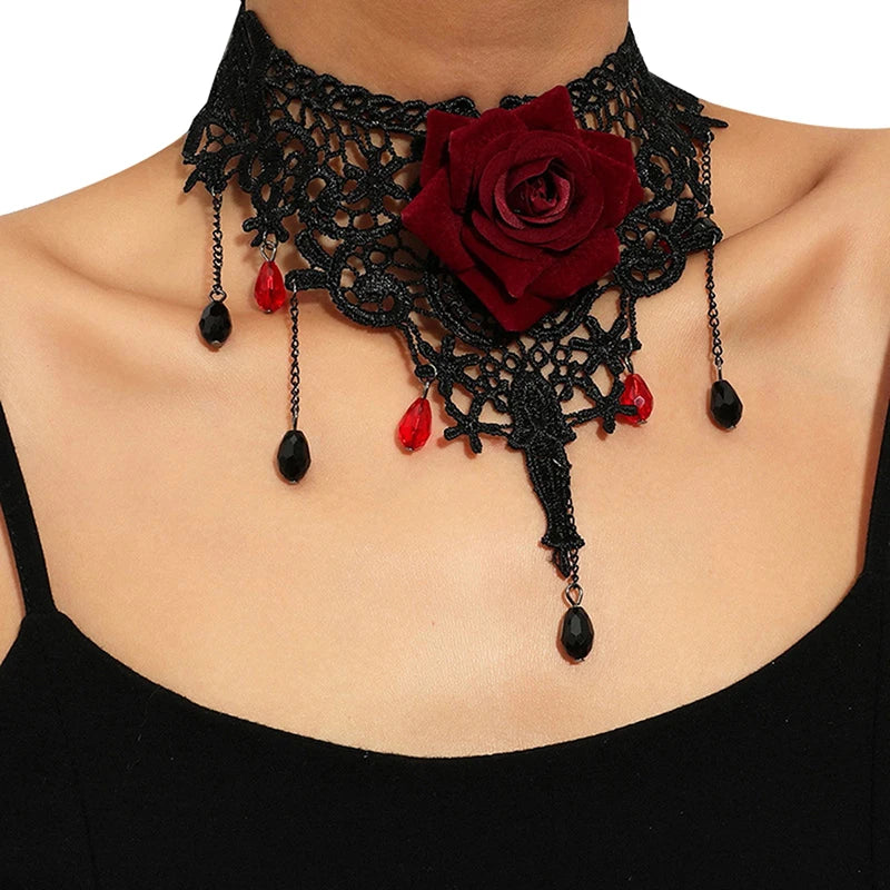 Gothic Rose Lace Choker | Red Crystal Drops | Black
