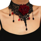 Gothic Rose Lace Choker | Red Crystal Drops | Black