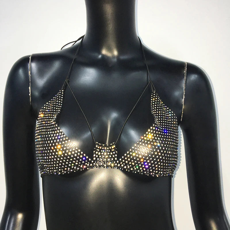 Fishnet Mesh Bikini Top - Backless Deep V-Neck Crop Top