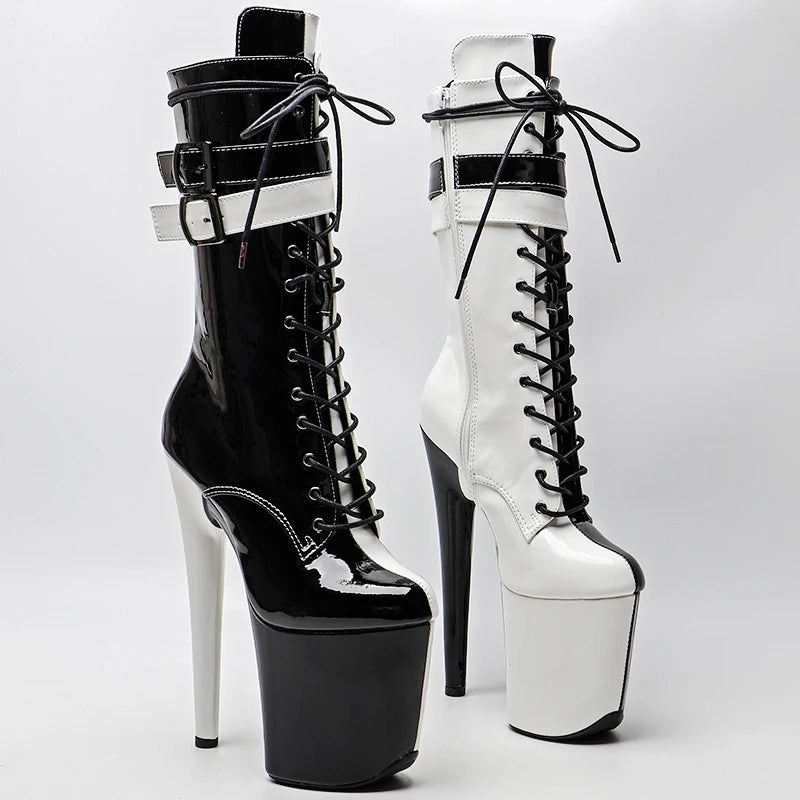 20CM Shiny Patent Platform Pole Dance Ankle Boots - 8 Inch High Heel Performance Boots