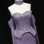 Crystal Beaded Long Sleeve Pageant Gown | Sweetheart | Silver, Gold & Lilac