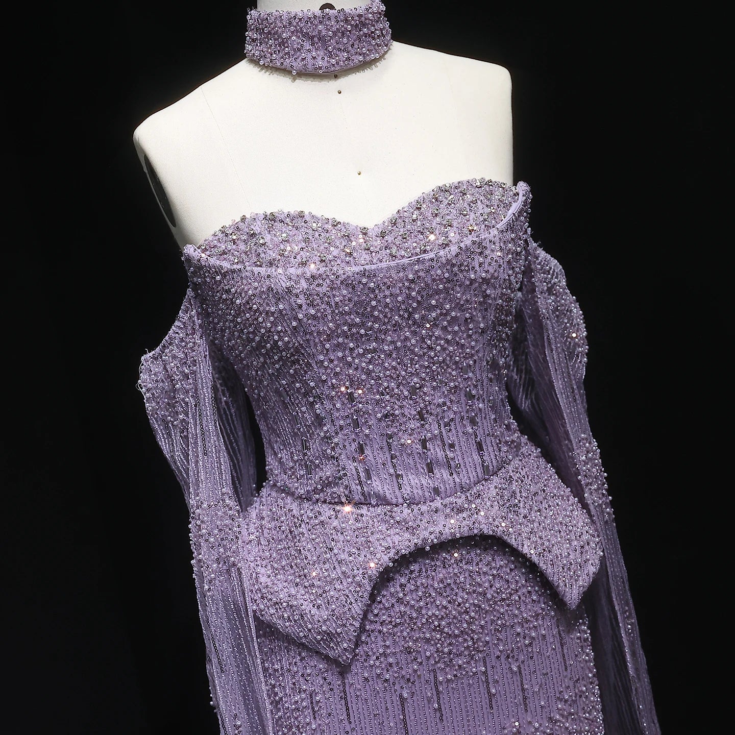 Crystal Beaded Long Sleeve Pageant Gown | Sweetheart | Silver, Gold & Lilac