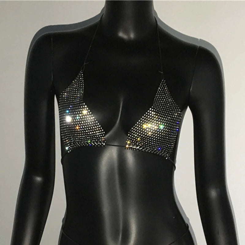 Rhinestone Mesh Bikini Top - Deep V-Neck Backless Halter