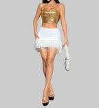 Metallic Sequin Chain Crop Top - Deep V-Neck Backless