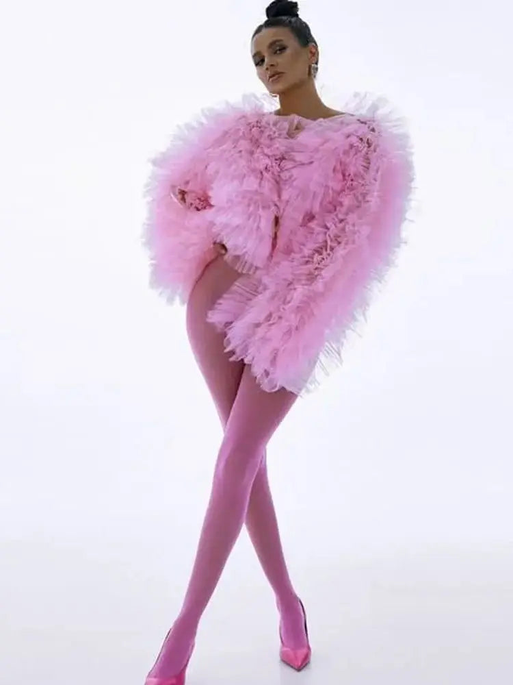 Pink Ruffle Tulle Jacket | Puff Sleeves | Burlesque & Pop Star | Stage Performance