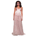 Beaded Sequin A-Line Gown | V-Neck Pleated Tulle | Blush Pink