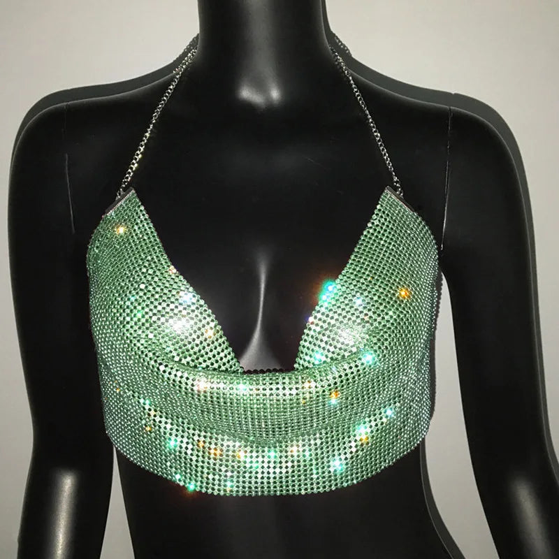 Shiny Rhinestone Deep V-Neck Crop Top - Backless Party Camisole