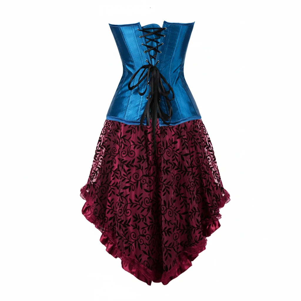 Peacock Brocade Overbust Corset Dress | Feather Trim & Hi-Low Lace Skirt | Gothic & Steampunk | XXS–7XL