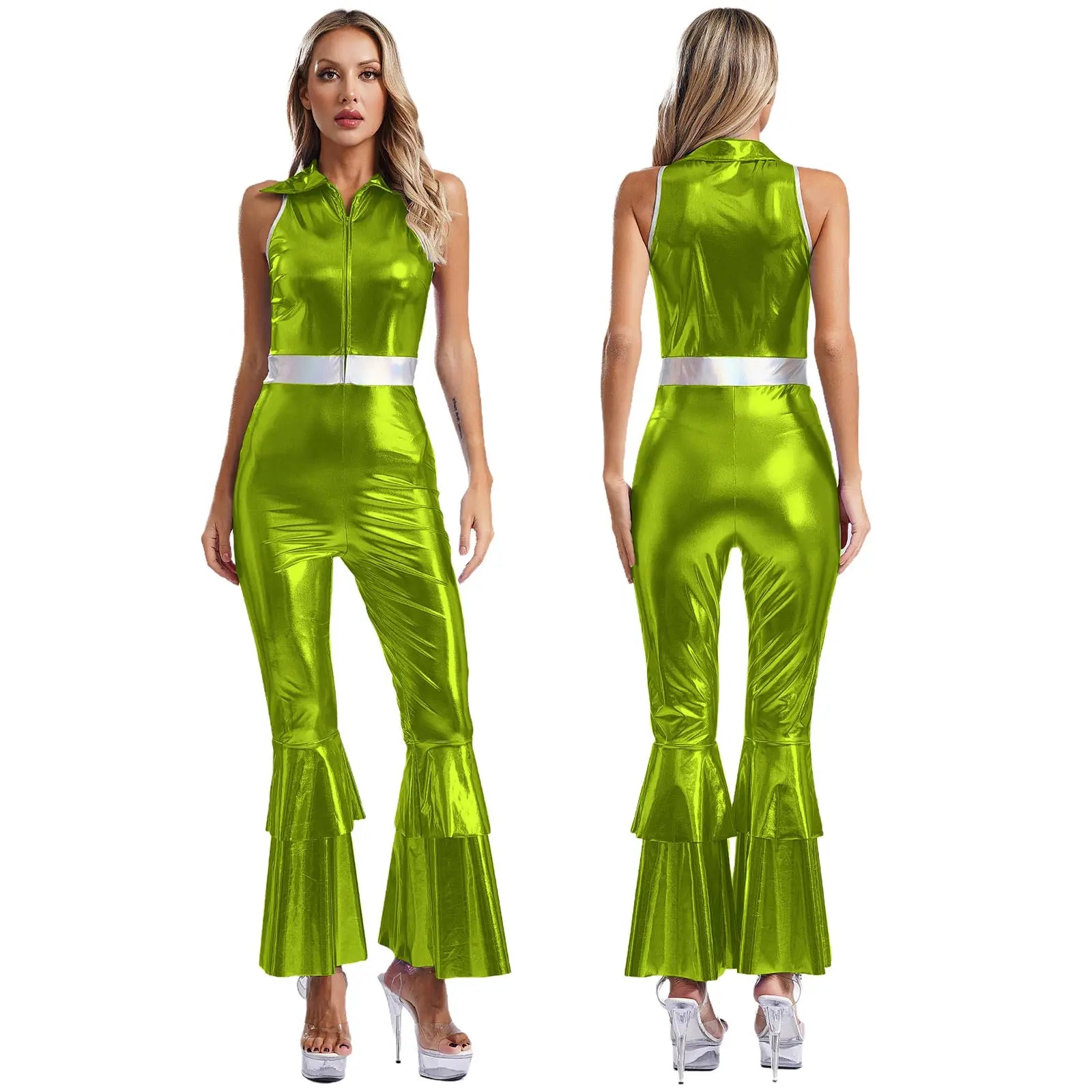 Women's Metallic Jumpsuit | Tiered Flare Sleeve | 70s Disco