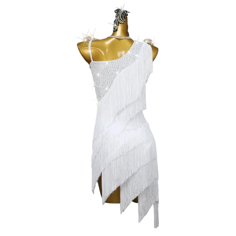 Rhinestone Tassel Latin Dance Dress with Accessories Set — White