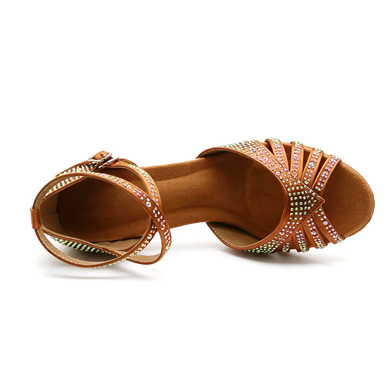 Women's Rhinestone Latin Heels | Bronze Satin | Multi-Height
