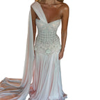 3D Floral One-Shoulder A-Line Pageant Gown | Crystal Beaded | White & Blush Pink