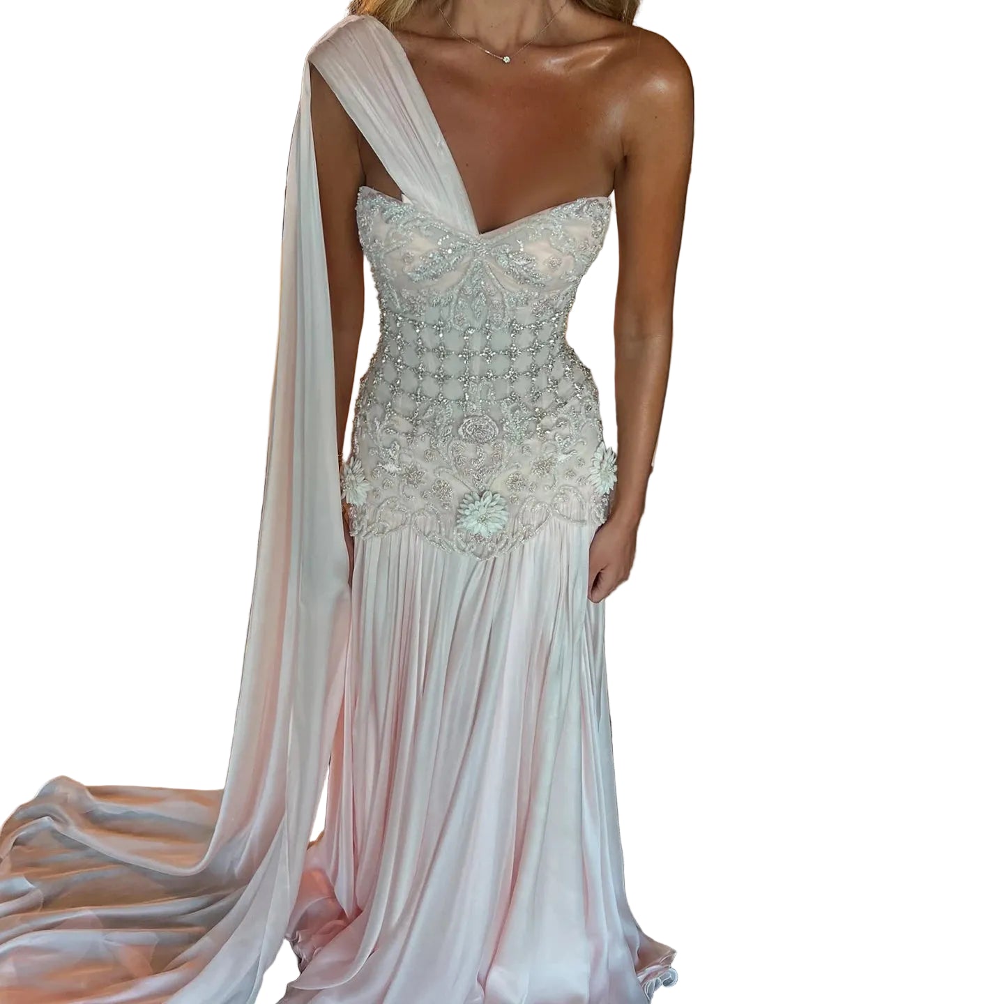 3D Floral One-Shoulder A-Line Pageant Gown | Crystal Beaded | White & Blush Pink