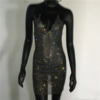 Rhinestone Sequin Metal Halter Mini Dress