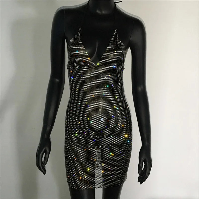Rhinestone Sequin Metal Halter Mini Dress
