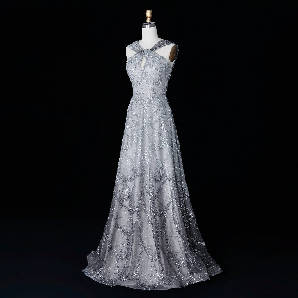 Pearl Beaded V-Neck A-Line Pageant Gown | Criss-Cross | Gray & Gradient Pink