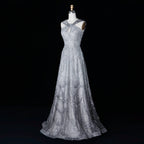 Pearl Beaded V-Neck A-Line Pageant Gown | Criss-Cross | Gray & Gradient Pink