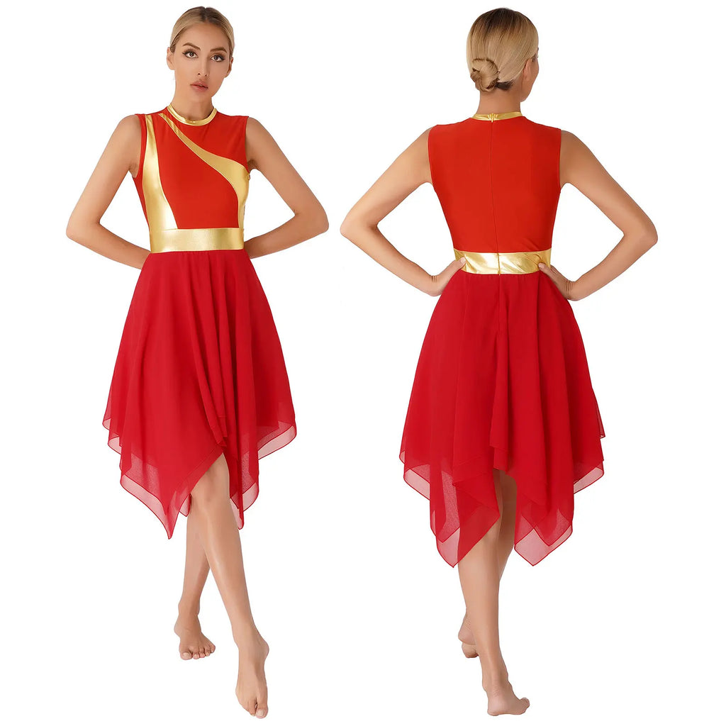 Lyrical Praise Dance Dress | Metallic Waist | Asymmetric Hem
