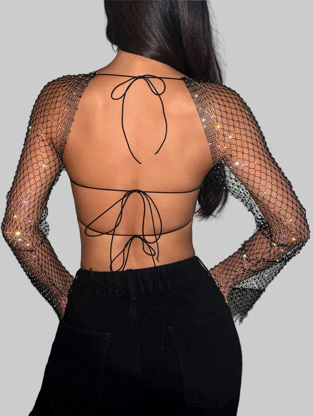 Rhinestone Mesh Long Sleeve Crop Top - Backless Sheer Cover-Up