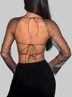 Rhinestone Mesh Long Sleeve Crop Top - Backless Sheer Cover-Up