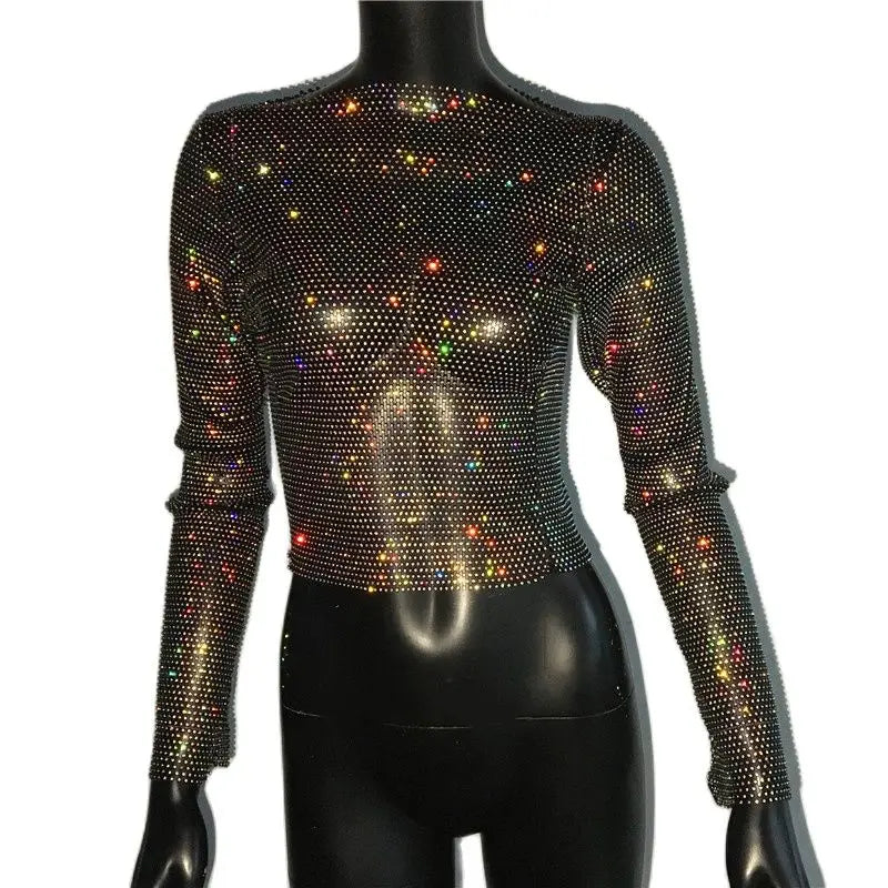 Rhinestone Fishnet Mesh Long Sleeve Top - Sheer Starlight Party Tee
