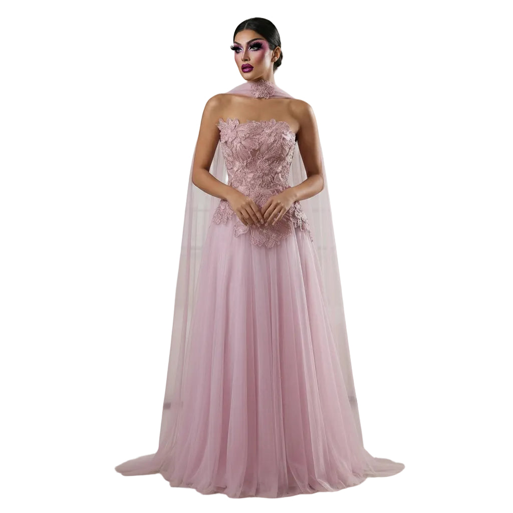 Appliqué Beaded A-Line Gown | Strapless | Scarf Overlay