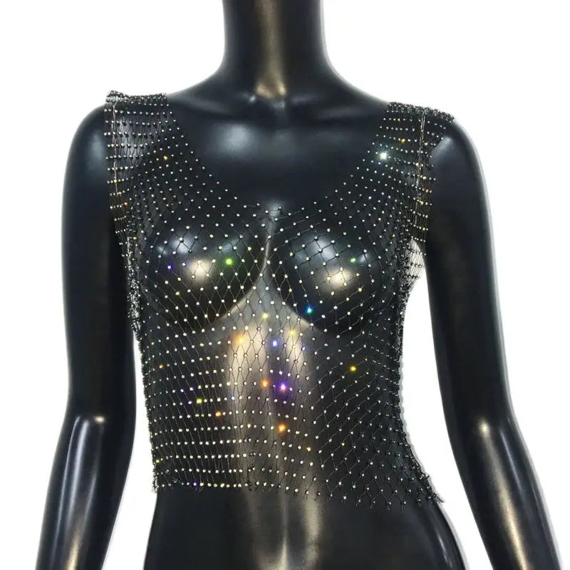 Fishnet Rhinestone Crop Top - Sheer Mesh Tank with Crystal Diamonds