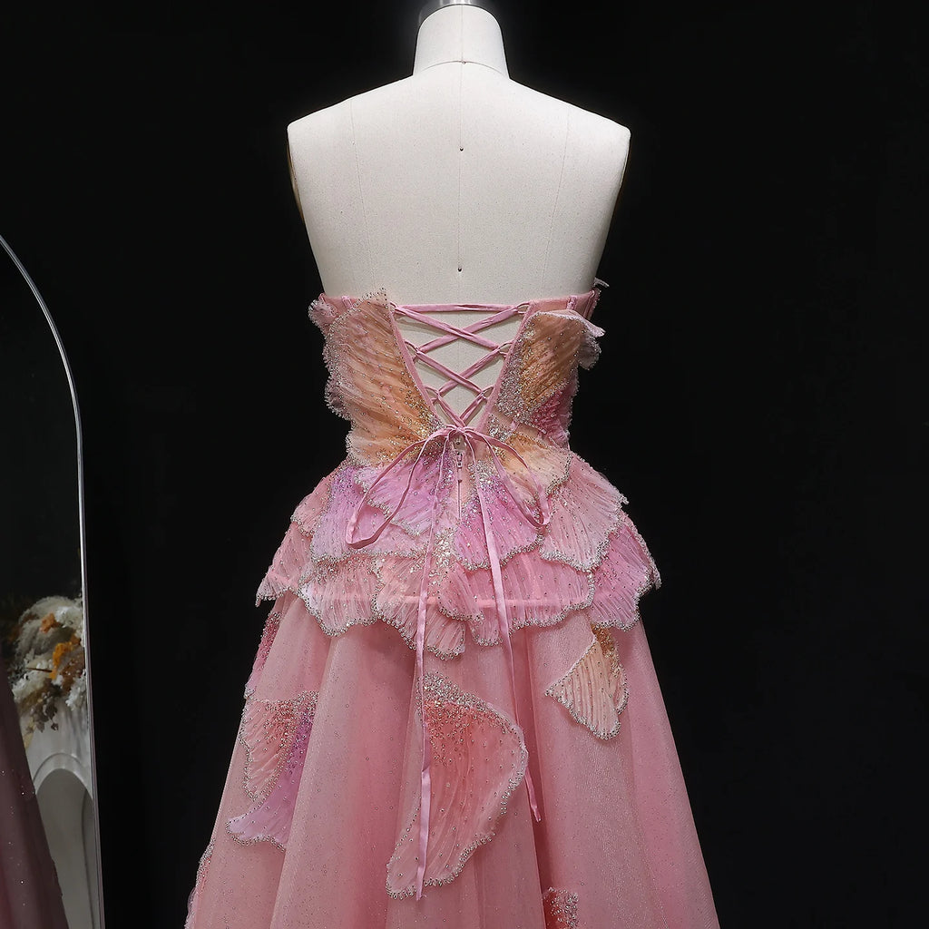 3D Floral Crystal Gown | Strapless Draped Tulle | Pink