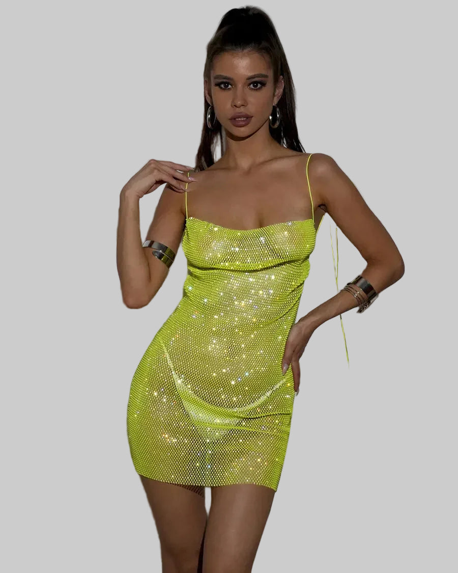 Rhinestone Mesh Bodycon Dress - Sheer Fishnet Mini Dress