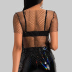 Rhinestone Mesh Long Sleeve Top - Sheer Fishnet Party Shirt