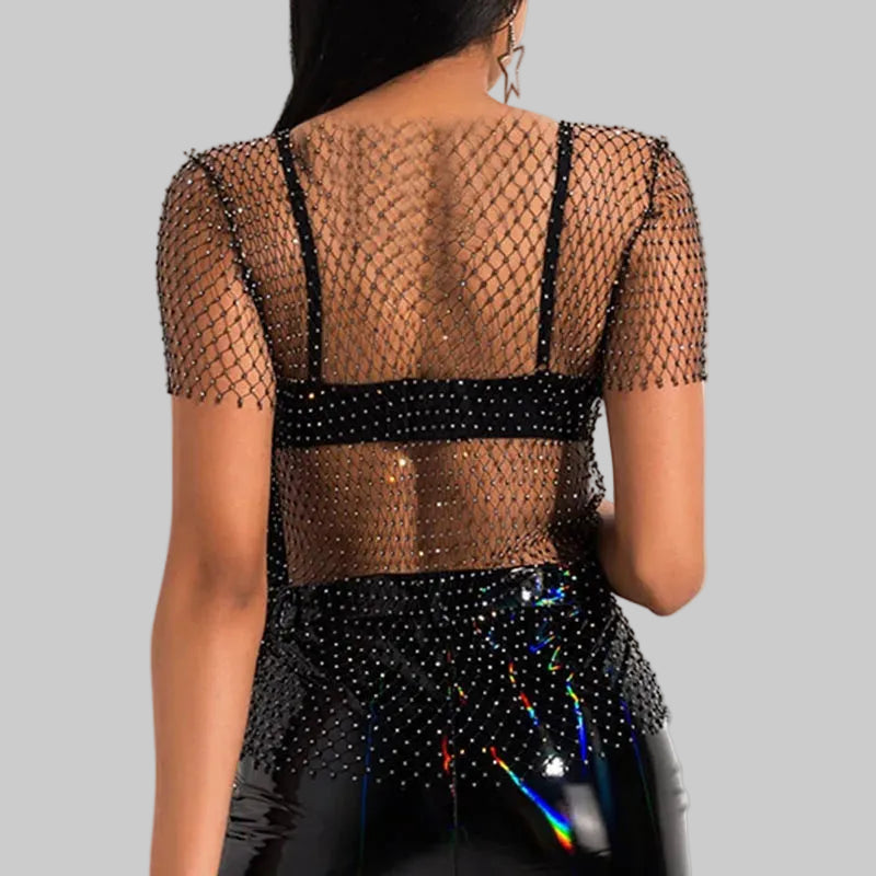 Rhinestone Mesh Long Sleeve Top - Sheer Fishnet Party Shirt