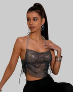 Rhinestone Halter Crop Top - Backless Sheer Hollow-Out Camisole