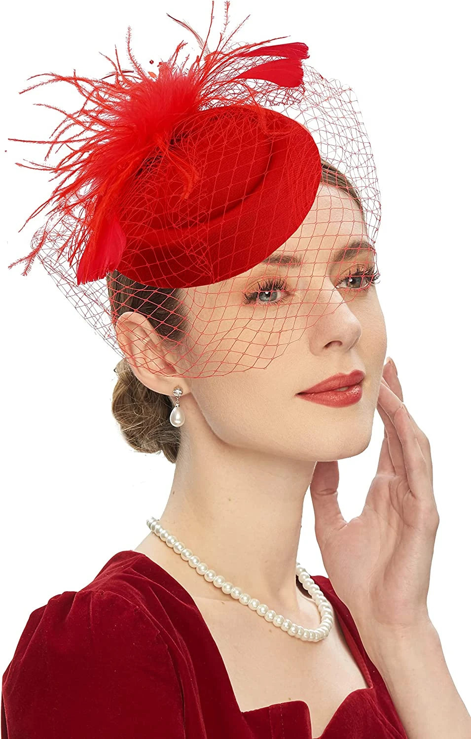 Pillbox Fascinator Hat | Fishnet Veil & Feather | 11 Colors