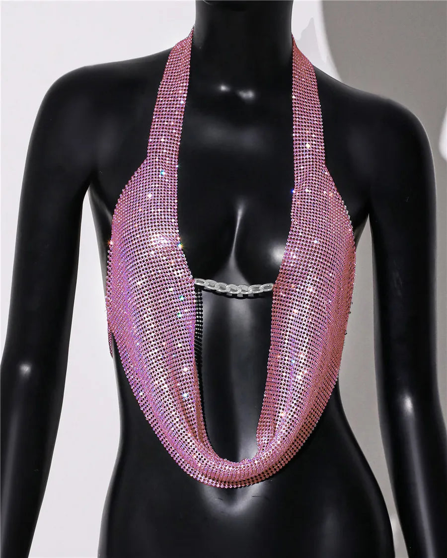Rhinestone Chain Halter Crop Top - Metal Chain Strap Festival Top